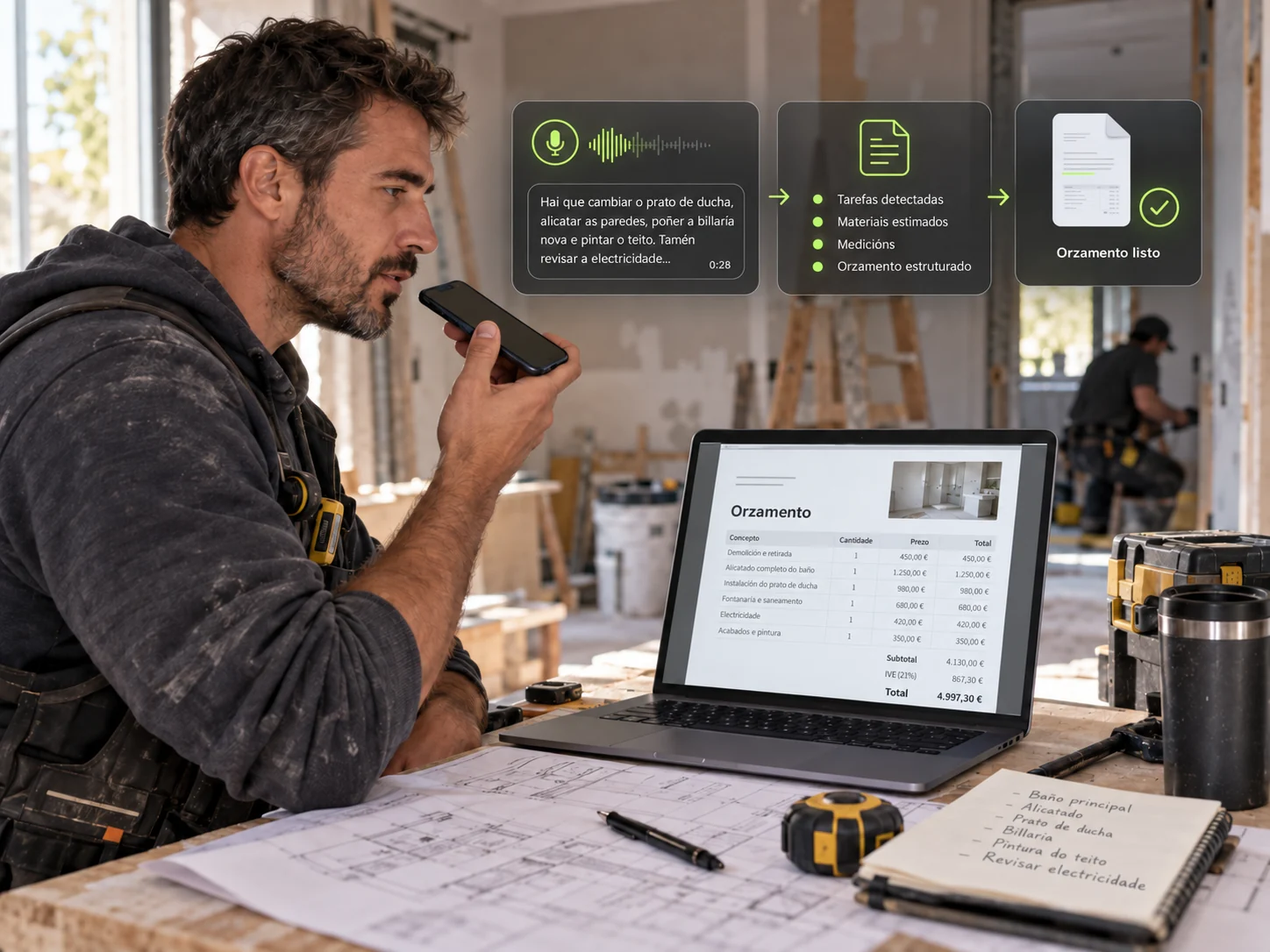 Profesional da construción creando un orzamento a partir dunha nota de voz